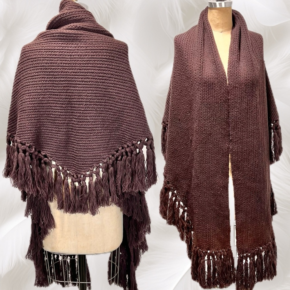 VINTAGE earthy brown knit sweater cape shawl blanket wrap fringe boho hippie
